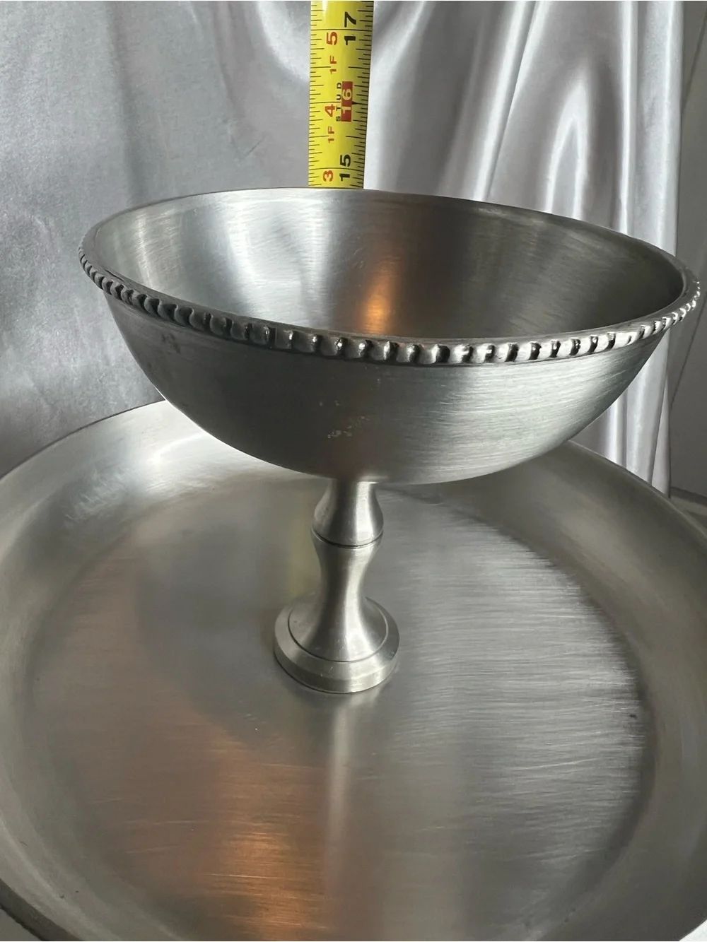 Pottery Barn Antique Silver 3-Tier Serving Stand Beaded Trim Dessert Buffet Tray